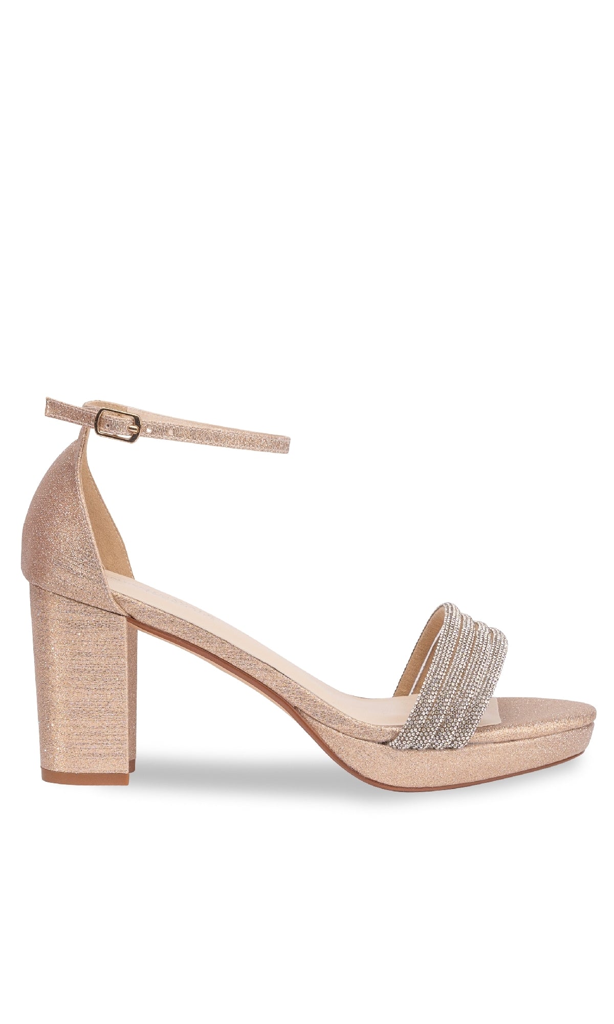 The Parker Champagne Glitter Prom Shoes by Touch Ups (4659) feature a single gold open toe, block heel, ankle strap, textured front strap, and sparkling champagne glitter—ideal for those seeking elegant low heel prom shoes.